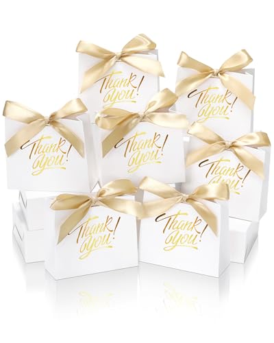 DOYIDE 30 Pack Small Thank You Gift Bags 4.5x1.8x3.9in Party Favor Bags with Bow Ribbon Mini Paper Gift Bag with Gold Foil Printed White Treat Boxes for Birthday Wedding Bridal Baby Shower