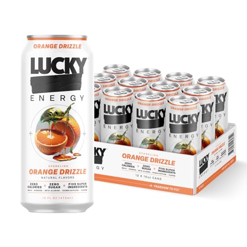 Lucky Energy Sugar Free Energy Drinks 16 Fl Oz Cans (12-Pack) Orange Drizzle with Maca, Ginseng, Taurine, Beta-Alanine, 200mg Caffeine