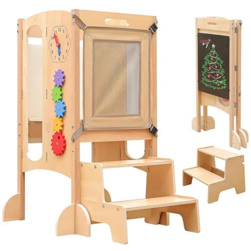 SOFTHOM Torre de aprendizaje para niños a partir de 1 año, plegable, con pizarra, reposapiés, protección antivuelco, red de seguridad 360°, torre de aprendizaje Montessori 5 en 1, premontada, altura