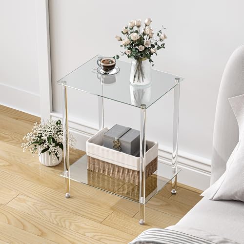 IRCPEN Table d'appoint en Verre Bout de Canape Transparente Petite Table Basse à 2 Niveaux Bouts de Canapé de Salon Tendance Convient pour Les Salons Les Chambres à...