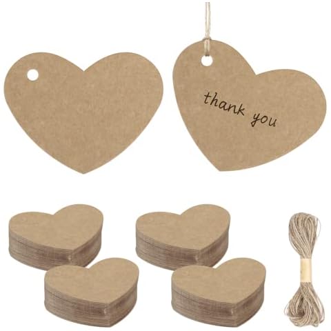 HONMOK 150 Pcs Heart Shaped Cards Blank,Brown Kraft Paper Hearts Gift Tags,Hearts Hang Favors Lables with 10m Jute Twine for Arts & Craft Valentine's Day Wedding Party Supplies Cover
