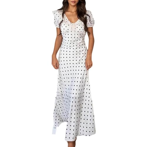 Bauzuoyo Vestido cruzado para mujer, de verano, largo, con estampado de lunares, cuello en V, manga corta, vestido de verano, estilo años 50, vintage, rockabilly, swing, línea A, vestido de fiesta