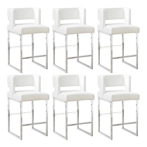 Image of 26 inch H PU Leather Bar Stools Set of 6, Counter Height Bar Seats with Square Back, Modern Upholstered Armless Barstools with Metal Silver Legs for Kitchen Island Dining Room Bar, White