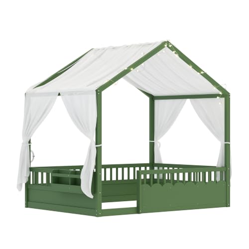 Image of Bellemave Full House BedFrame with Canopy, Montessori House Bed with LED and Bookshelf and Rails for Kids, Green
