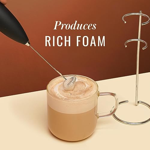 Image of DERIKO Powerful Milk Frother for Coffee, Battery Operated Electric Foam Maker with Stainless Steel Whisk, Handheld Drink Mixer with Stand for Cappuccino, Latte, Hot Chocolate (Black)