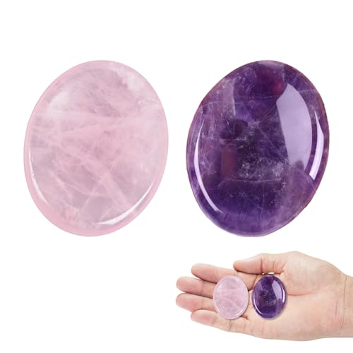 2Pcs Oval Amethyst and Rose Quartz Worry Stone Oval Amethyst Crystals Healing Crystals Gifts for Women Heart Meditation Polished Reiki Balancing