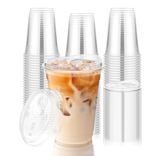 KesaPlan 100 Stück 480ml Plastikbecher Mit Deckel Wiederverwendbare Plastikbecher To Go Mit Sip Lid Für Eiskaffee Smoothie Saft Limonade Kalte Getränke Kaffee Becher