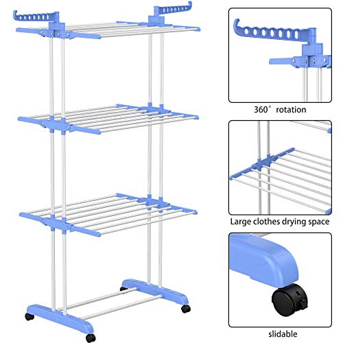 HOMIDEC Clothes Drying Rack, Large 4-Tier Foldable Drying Rack Clothing (67.7H x 19.7W x 30L Inches), Movable with 4 Castors. Multifunctional Stainless Steel Laundry Drying Rack, Blue