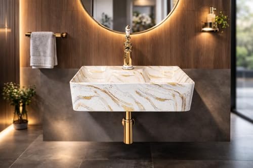 Image of Ceramic Tabletop Wash Basin - Glossy Rectangular Countertop Vessel Sink with Marble Finish for Bathroom & Vanity | Compact 16 x 13 x 5 Inch | Elegant Washbasin