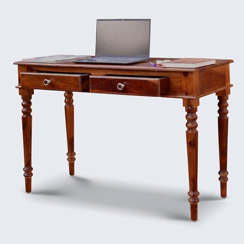 Image of Solid Sheesham Wood Two Drawer Study Table with Chair | Students Reading & Writing Table | Laptop & Work from Home Table (Honey Brown)