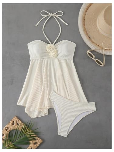MakeMeChic Women's 3D Flower Tankini Swimsuits Set Textured Halter Ruffle Hem 2 Piece Bathing Suits2