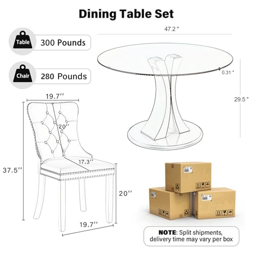 Image of 5-Piece Dining Table Set with 47 in Tempered Glass Kitchen Table and 4 Velvet Upholstered Chairs, Modern Scandinavian Furniture for Dining Room Kitchen(Burgundy)