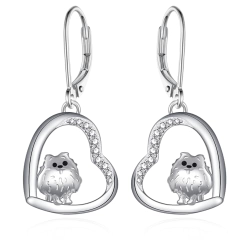 Pomeranian Earrings 925 Sterling Silver Pomeranian Dog Heart Dangle Earrings Jewelry Birthday Gifts for Women Pomeranian Lover
