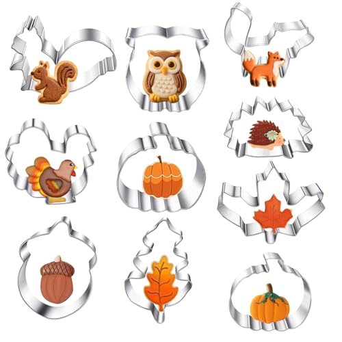 JIAWWAN Galletas Cortador de Otoño, 10 Piezas Moldes de Galletas para Otoño, Cortadores de Galletas Acción de Pavo, Ardilla, Bellota, Hojas, Moldes de Acero Inoxidable Hornear para Niños (B)