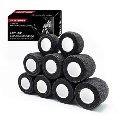 FRESINIDER 9 Rolls Self Adhesive Wrap Athletic Tape Gauze, Breathable Elastic Cohesive Bandage for Sports Injury & Pet (7 Pcs 2\" x 5 Yards + 2 Pcs 1\" X 5 Yards) (Black)