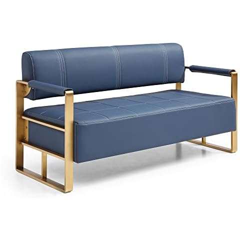 Mbolyeer Modern Faux Leather Loveseat Sofa 60" Mid Century 2 Seater Couch - Upholstered Love Seat Sofas with Gold Metal Legs - Small Spaces Bedroom Apartment Office Living Room (Navy Blue) Cover