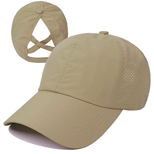 Hgge Womens Criss Cross Ponytail Baseball Cap Adjustable High Messy Bun Ponycap Trucker Hats Quick Drying Mesh Dad Hat For Outdoor Sports Travel Camel #TOP12