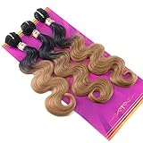Body Wave Synthetic Hair Weave 3 Hair Bundles 16 18 20 Inches Ombre Color Black to Golden Ombre Synthetic Hair Weft