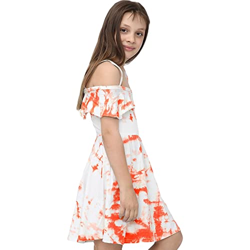 Vestido para niñas con hombros caídos y estampado tie dye naranja 3