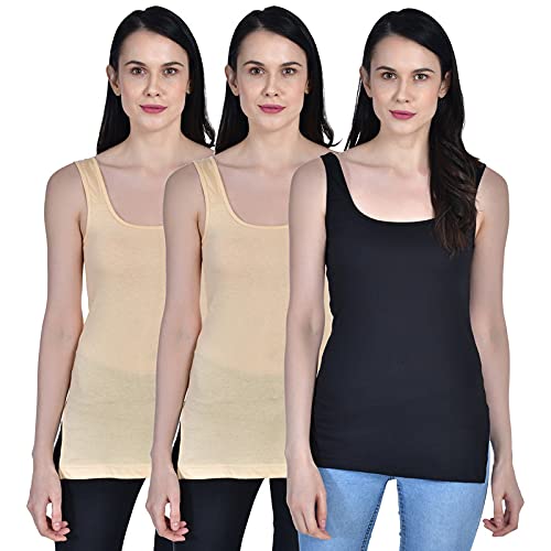 Image of Women's Regular Fit Sleeveless Cotton Long Camisole Slip Spaghetti Combo Pack of 3