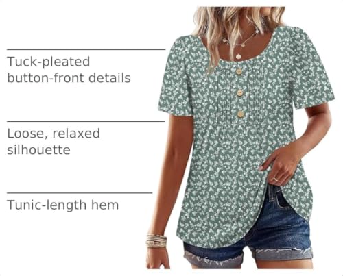 Image of Womens Tops Dressy Casual Blouses Short Sleeve Shirts Plus Size Fashion Clothing Spring Summer Outfits Button Pleated Front