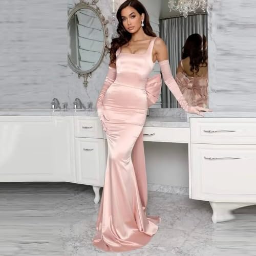 Satin Square Neck Mermaid Prom Dress with Bow Spaghetti Straps Elegant Formal Evening Party Gown2