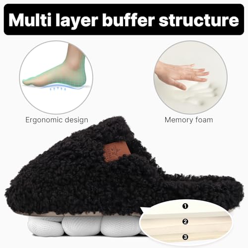 Image of Womens Fuzzy Slippers Wide Width Ladies Arch Support Memory Foam Slippers Warm Comfy faux fur Slip On Indoor House Shoes