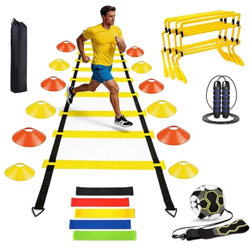 Aisny Accesorios de Entrenamiento de Fútbol, ​​con Escalera de Coordinación de 6m 12 Conos 4 Vallas Entrenador deFútbol Cuerda para Saltar Bandas de Resistencia Regalos de Fútbol para Niños