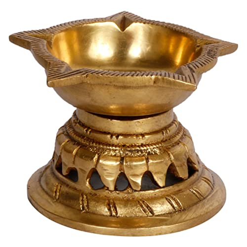 ARTVARKO Brass Oil Lamp Puja 5 Wick Traditional Ethnic Carved Designer Diya Light Puja Decorations Mandir Decoration Items Handmade Table
