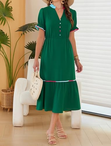 Image of Theenkoln Womens Casual Midi Dress: Short Sleeve V-Neck Empire Waist Gingham Spring Fashion Long Trendy Tiered Formal Dresses