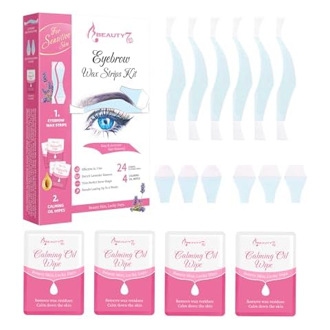 Beauty7 Sensitive Eyebrow Wax Strips Kit Facial Hair Removal for Women Eyebrow Waxing Strips 24 Strips 4 Calming Oil Wipes Home Waxing for Sensitive Skin Types for Women Cover