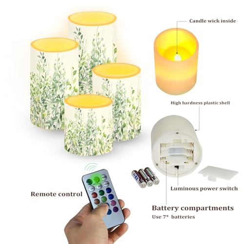 Image of Flameless Light Candles 4 Pack Battery Operated with Color Changing Timer Remote Control Fake Pillar Candles Tealights Beach Wedding Home Indoor Decor, Leaf Green White