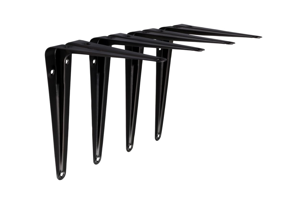 Stiley Living London Shelf Brackets - Heavy Duty Slim Metal Wall Shelf Supports, Tapered Decorative Brackets for Shelving, Industrial Style - 4 Pack (Matt Black, 125mm x 150mm)
