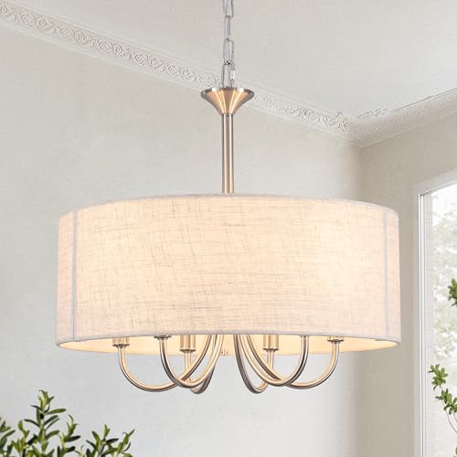 BYKWRTV 18 Drum Chandeliers for Dining Room 6-Light Modern Farmhouse Chandelier Linen Pendant Light Brushed Nickel Round Chandelier Hanging Light Fixture for Living Room Bedroom Foyer