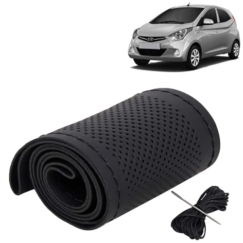 Image of KINGSWAY PU Leatherite Car Steering Cover Sewable Compatible with Hyundai Eon (Year 2011-2019), Black Color with Black Thread, Pack of 1 with Sewing Needle and Thread