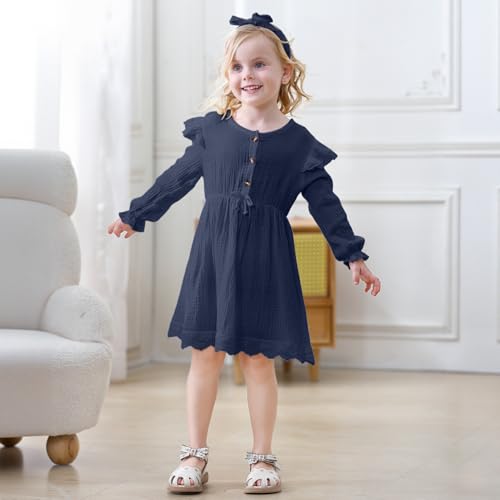 Sinhoon Toddler Fall Dress Baby Girl Dress Ruffle Long Sleeve Toddler Girl Dress Smocked Baby Fall Dresses with Bow Headband4