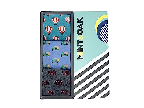 Image of Mint & Oak Printed Crew Socks For Men, Soft Cotton Calf Length Socks, Colorful Sock Gift For Men, Anti-Microbial & Odour Free, Funky Socks - Gift Box of 3