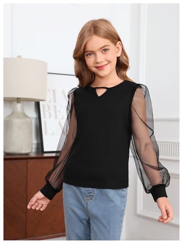 Image of WDIRARA Girl's Cut Out Round Neck Mesh Puff Long Sleeve Blouse Casual Top
