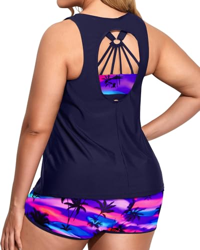 Image of Holipick Women Plus Size Swimsuits - Athletic 3 Piece Tankini with Shorts | Sports bikini top, high waist shorts, tank top, removable pads. Athletic style for water activties