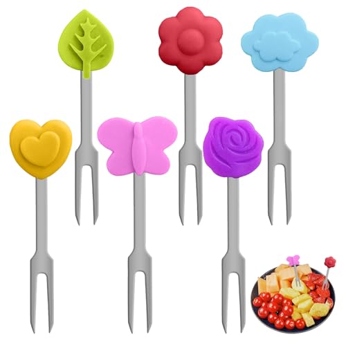 6 Stück Pieksers für Kinder, Obstgabeln aus Edelstahl, Food Picks, Spieße, Mini-Gabeln für Brotdose, wiederverwendbar, Snacks, Dessert- und Kuchengabeln