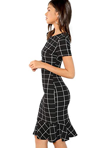 Floerns Women's Short Sleeve Plaid Ruffle Hem Bodycon Office Work Dress Black L