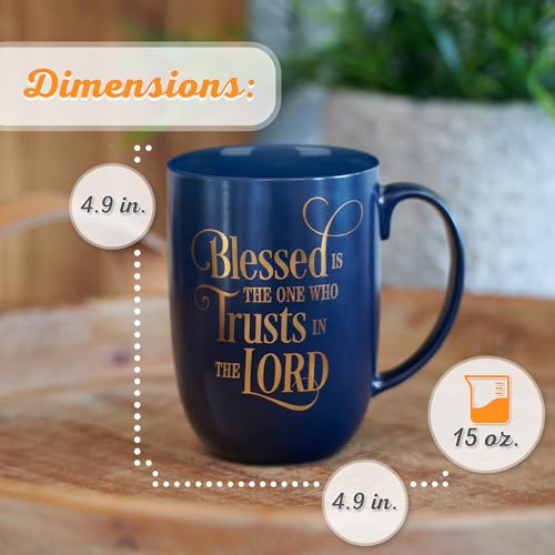 Image of Christian Art Gifts Ceramic Large Coffee & Tea Mug for Men & Women: Blessed is the One Who Trusts - Jeremiah 17:7 Inspirational Bible Verse w /Golden Accents & Sturdy Handle, Navy Blue, 15 fl. oz.