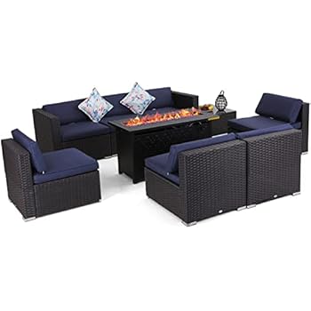 Alternative view of MFSTUDIO 9-Piece Patio Rattan Conversation Set with 45-Inch 50,000 BTU Outdoor Fire Pit Table,CSA Approved,Patio Sectional Sofa Furniture Set with Coffee Table(Navy Blue Cushions)