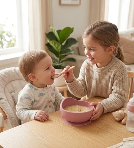 Image of Coofandy Silicone Baby Feeding Bowl with Wooden Handle Spoon,BPA-Free, Non-Slip Baby Feeding Bowl for Self-Feeding, Unbreakable Silicone Non-Slip Suction, Microwave & Dishwasher Safe,(Pink)