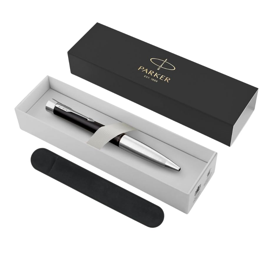 Parker Urban Twist Stylo à bille | Noir avec bordure chromée | Pointe moyenne | Recharge d'encre bleue | Coffret cadeau avec étui en velours