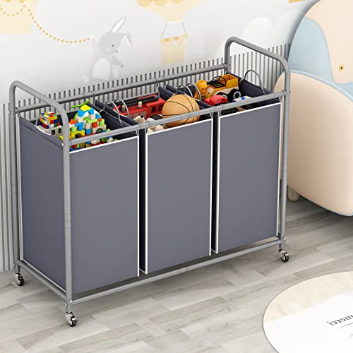 3-Bag Laundry Sorter,Laundry Hamper Cart with Heavy Duty Rolling Lockable Wheels and Removable Bags (Grey)