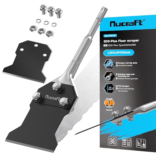 Nucraft Spachtelmeißel SET SDS-Plus 250x100 mm Meißel inklusive Ersatzklinge und Schrauben Bodenschaber für Abziehen von Fußbodenkleber Teppich Linoleum Fliesenkleber PVC-Fliesen Farbe