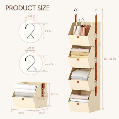 Image of Homsorout Hanging Closet Organizer 4 Tier - Clothes Hanging Shelves, Space-Saving Closet System, Fabric Storage Bins Bedroom Organization, Collapsible Baskets for Home, Dorm, Rv, Beige
