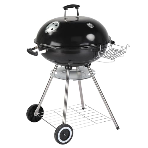 Bonnlo Classic Kettle Barbecue - 54cm Grill Area, Charcoal BBQ Grill with porcelain-enameled lid, Adjustable Vent, Integrated Thermometer, Shelf, Wheels - Black