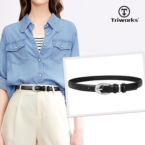 Image of TRIWORKS 2 Pack Women Leather Belt for Jeans Pants Fashion Ladies Faux Leather Belt with Gold Buckle